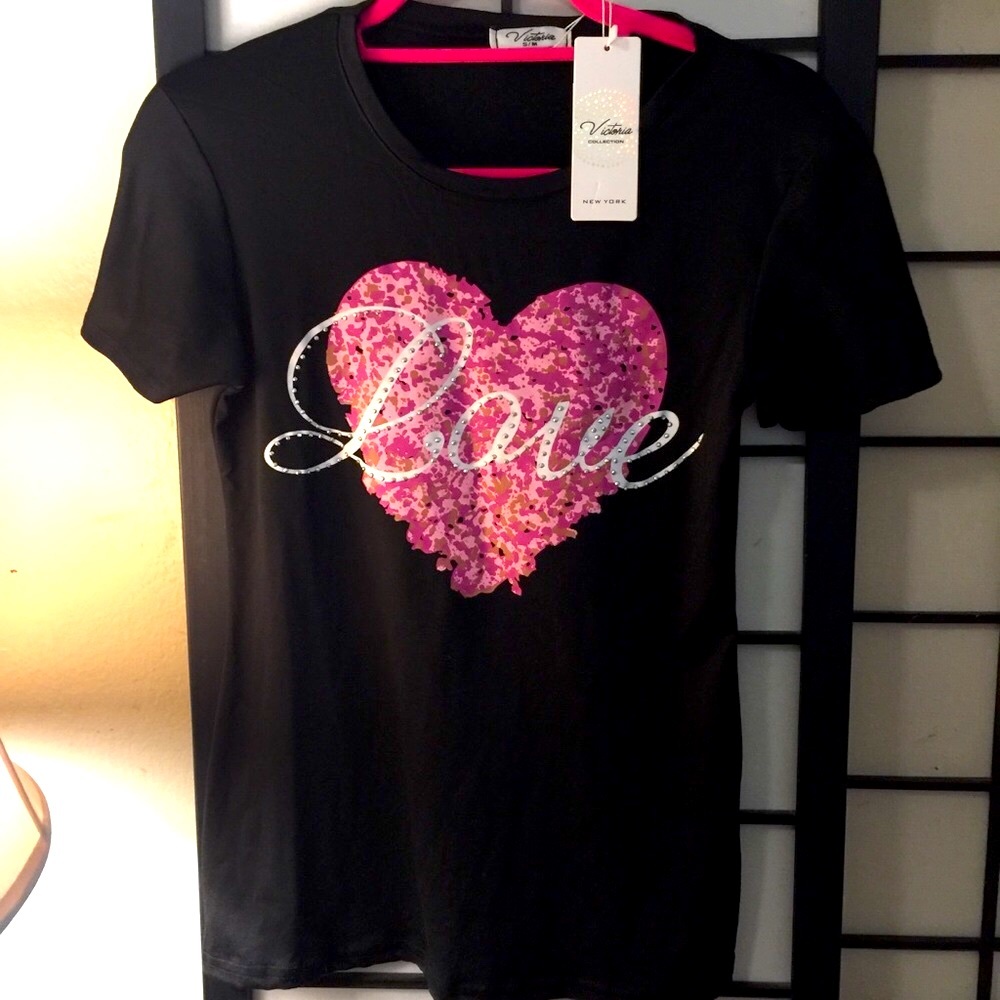 Victoria Love Black T-Shirt Embellished Pink Heart